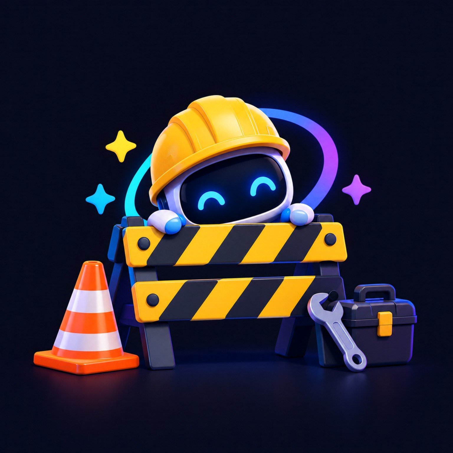 Robot sonriente con casco de construcción detrás de una barrera de obras